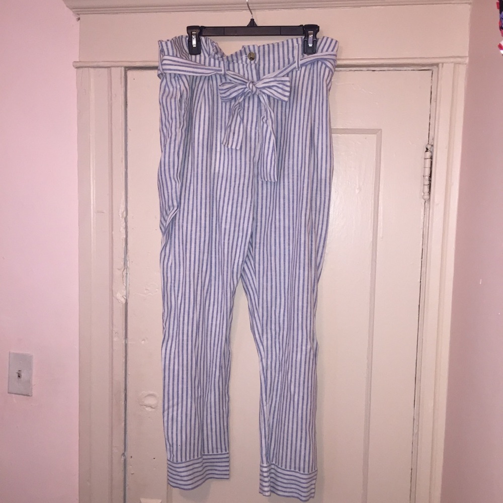 Stripped Linen Paper Bag Waist Pants